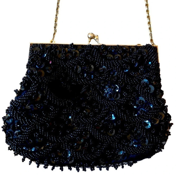 Vintage black beaded formal purse evening bag - Picture 1 of 12